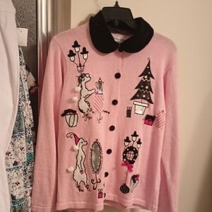 A Pink Cardigan Black Collar and Festive Embroidery Size S By Victoria Jones